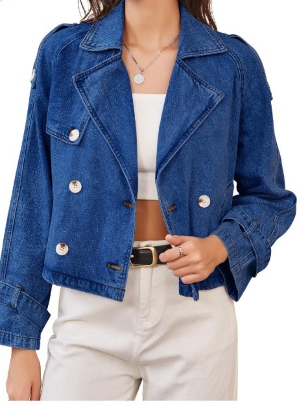 Nitzana Women's Double-Breasted Cropped Denim Trench Jacket – Size L (NWT)